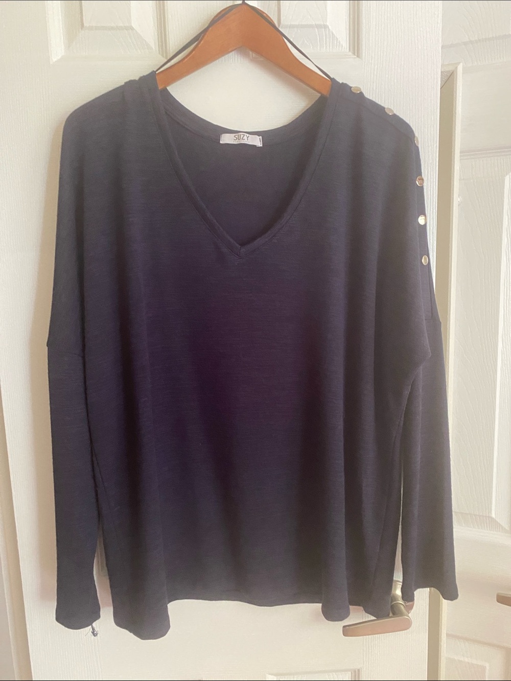 Reitmans Navy V-Neck Shoulder-Button Long Sleeve Top